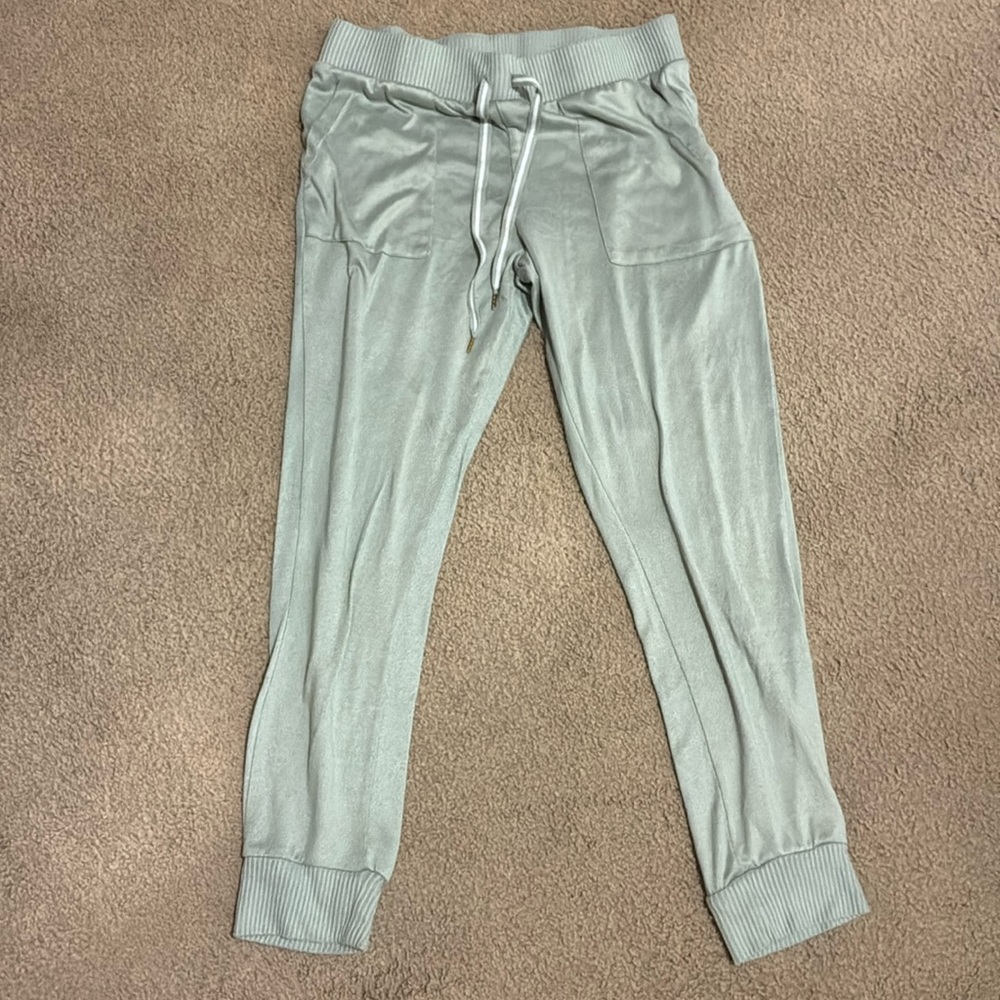 Honeydew greenish gray pajama bottoms, gathered ankle, drawstring waist